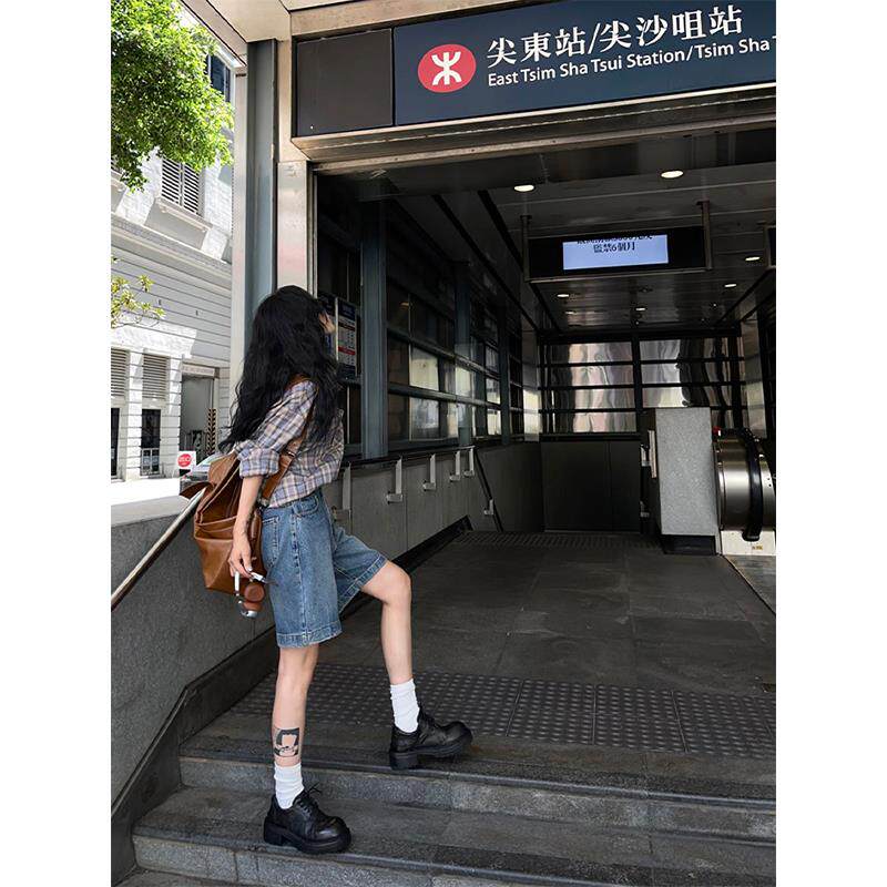 川和 蓝色百搭五分牛仔短裤女夏季宽松显瘦a字半松紧高腰阔腿五分