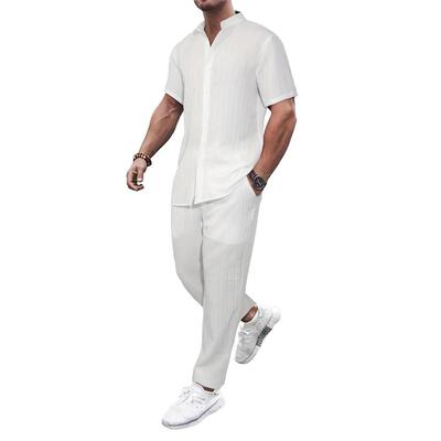 2Pcs Men's Vertical Striped Outfit Set Stand Collar Short