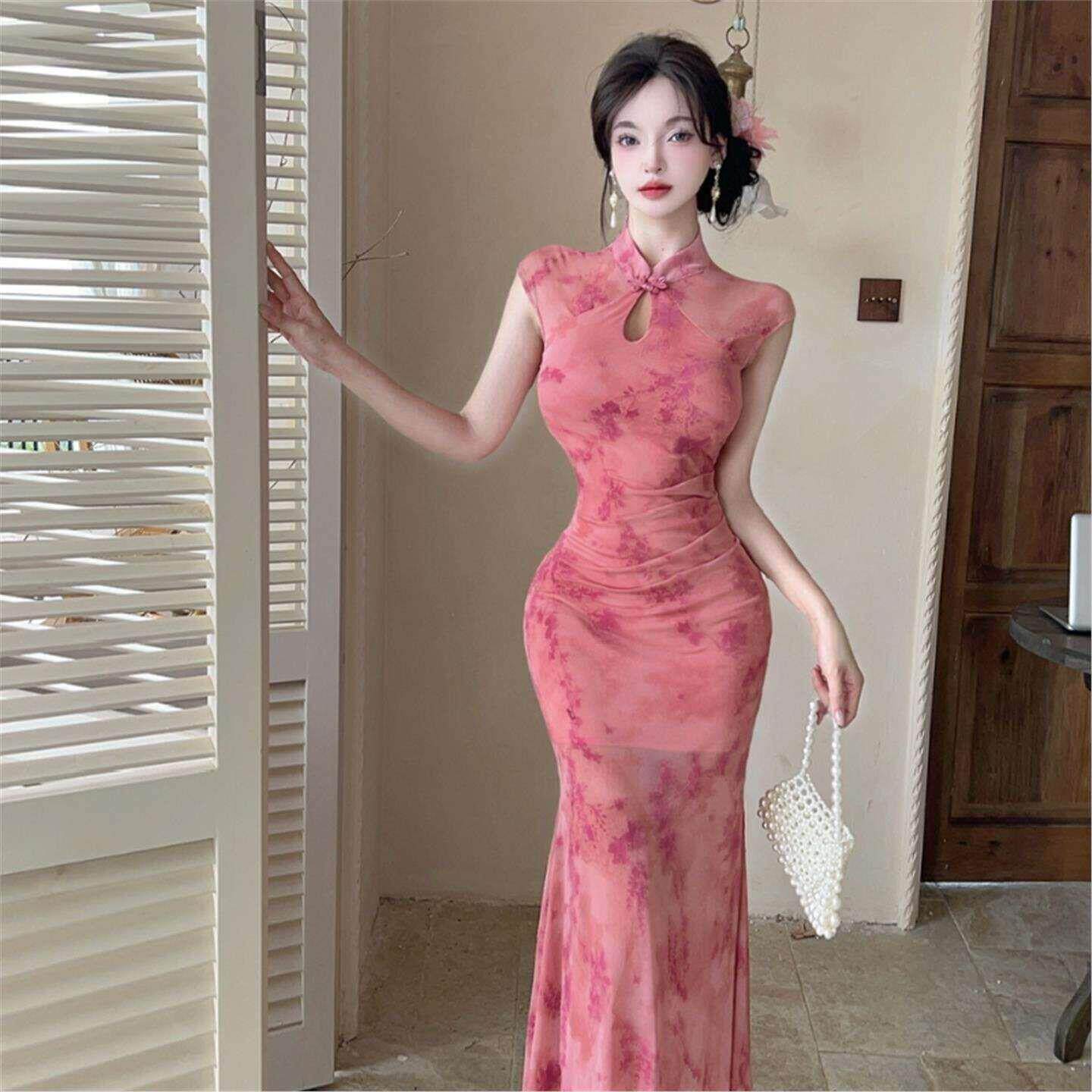旗袍款柔式技师工作服年款款粉色采耳师服装女无袖收腰包臀连衣裙