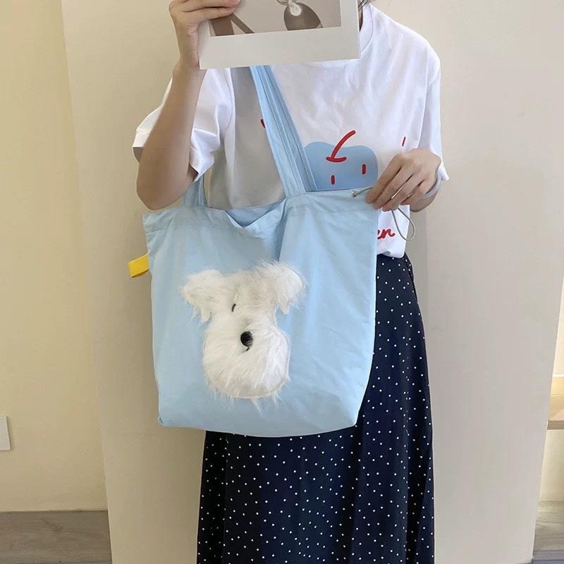可爱刺绣狗狗单肩包帆布刺绣托特包包女可束口大容量通勤单肩包
