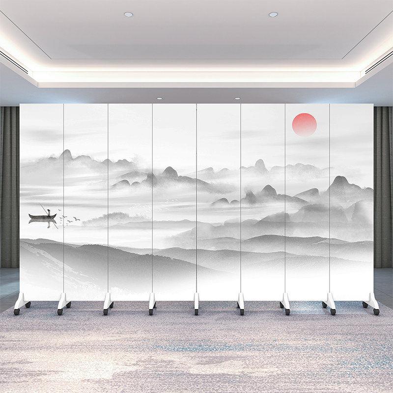 简约水墨画山水折屏中式屏风隔断客厅折叠移动办公室玄关移动屏风