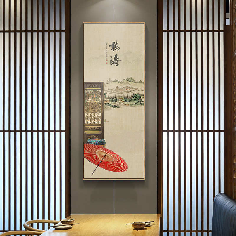 入户玄关装饰画禅意中国风客厅背景墙面挂画茶室中堂竖版两联壁画