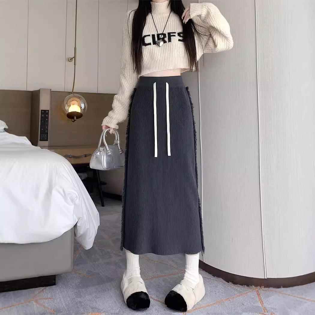 韩系流苏针织半身裙女新款秋冬款保暖中长款a字毛线包臀长裙定制