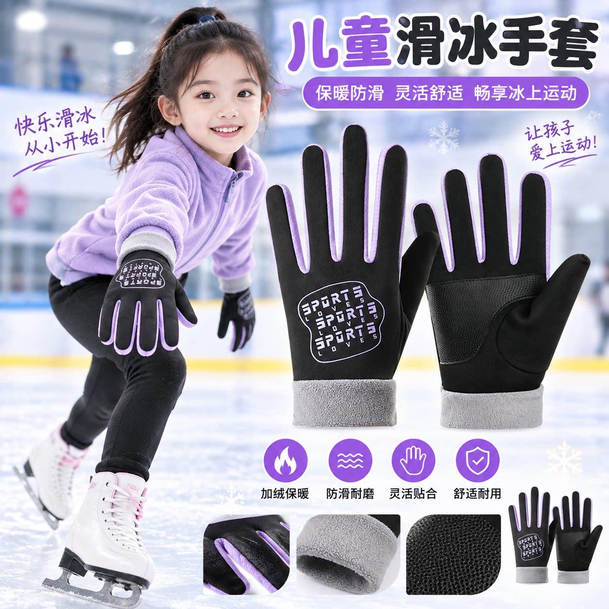 儿童花样滑冰专用手套溜冰玩雪保暖加厚加绒冬季户外防风防寒骑行