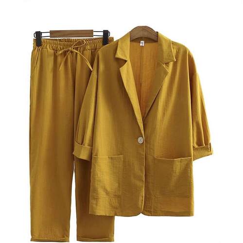 Women's long sleeved plus size suit cotton linen suit for