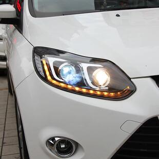 新福克斯大灯总成12 LED日行灯双光透镜LED流光 14改装