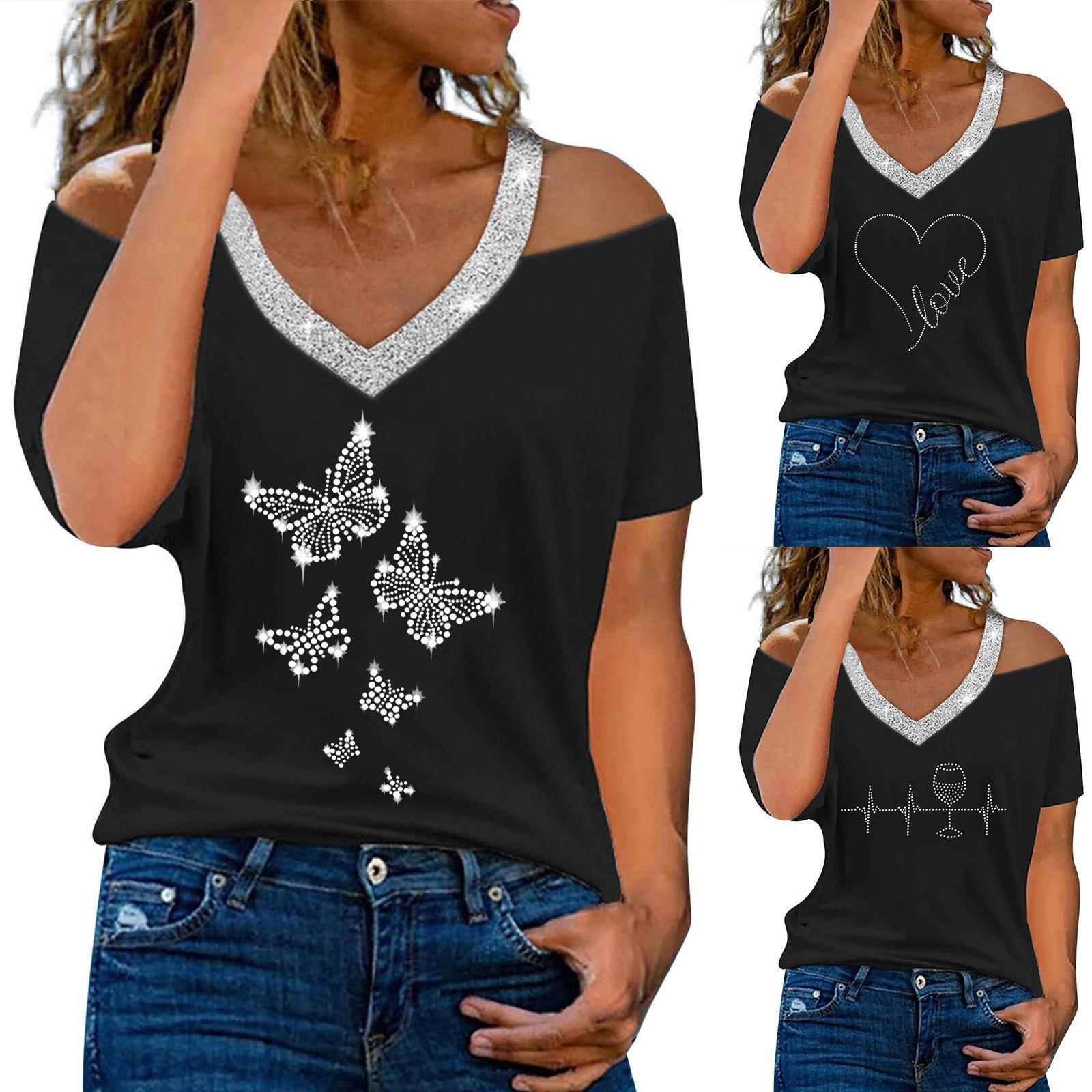 T-shirt off-shoulder Womens hot loose diamond various