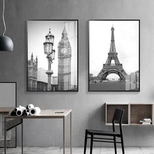 黑白城市摄影装饰画客厅沙发背景墙餐厅组合壁画卧室建筑风景挂画