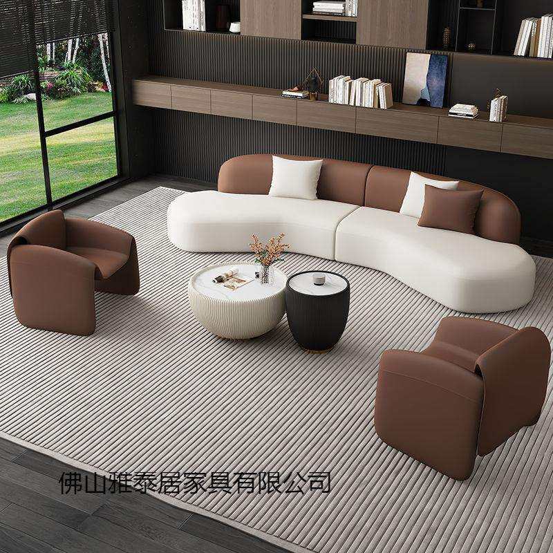 欧式弧形免洗猫抓皮沙发高端酒店大堂接待休息区洽谈沙发茶几组合