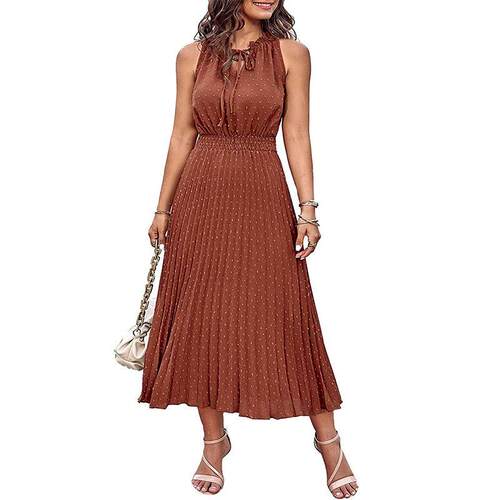 Women'S Fall Midi Dress Casual Long Sleeve V Neck Swiss Dot
