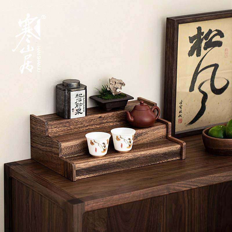 寒山居胡桃茶杯架拉伸HSJ-5509调节木层长短博古收纳架茶具小展示