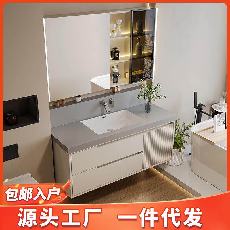 熠达奶油风入墙式龙头岩板无缝陶瓷盆浴室柜组合卫生间洗漱台盆柜