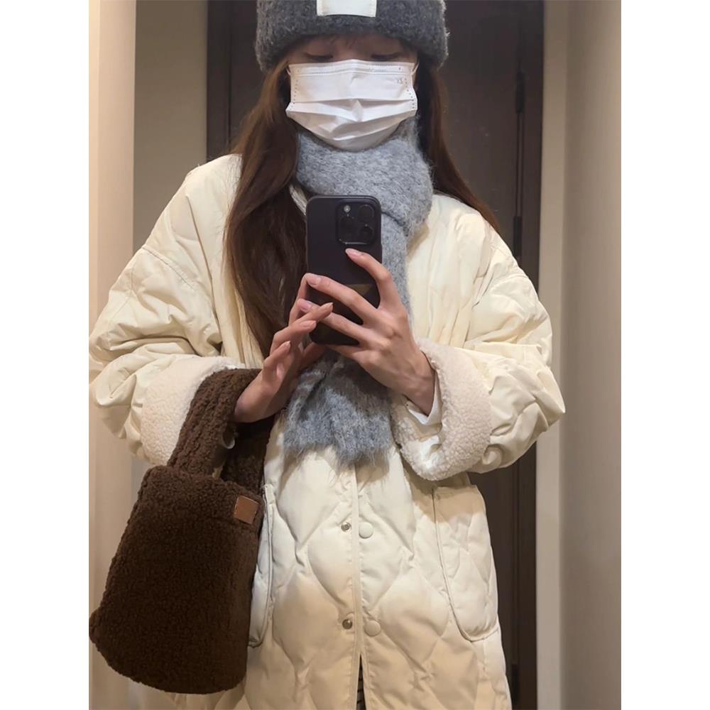 大码轻薄羽绒棉服女秋冬2025新款白色菱格棉衣夹棉无领外套韩系