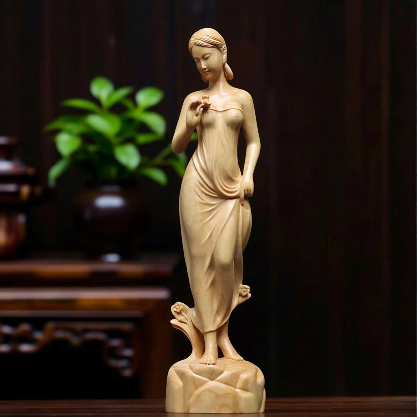 黄杨木雕精美美女木雕摆件人物雕塑工艺礼品摆饰家居装饰品收藏花