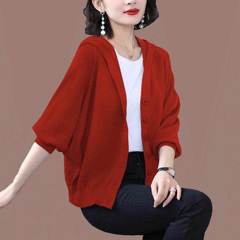 羊毛衫连帽针织衫女开衫短款外搭蝙蝠衫春秋毛衣外套长袖防晒披肩