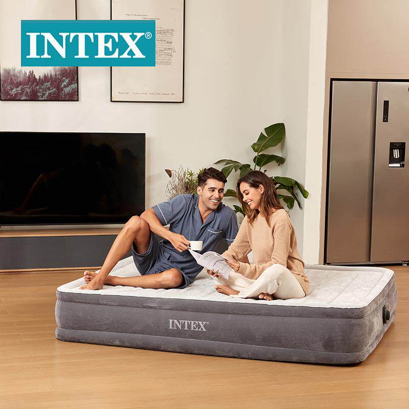 INTEX67766豪华灰白双层单人线拉空气床内置电泵植绒充气床
