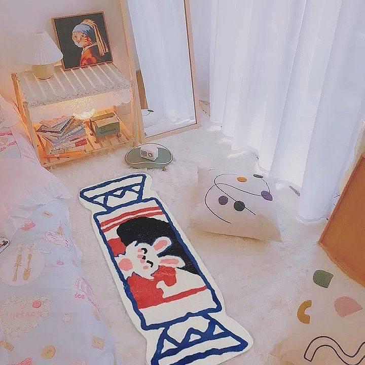 原创北欧ins网红白兔奶糖少女系卧室床边地毯可水洗地垫吸水门垫