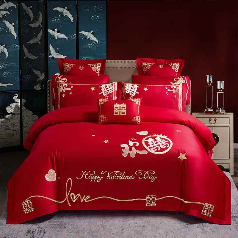 新纯棉红结婚刺绣四件套品全床棉婚庆床单上用家大纺qian四件套