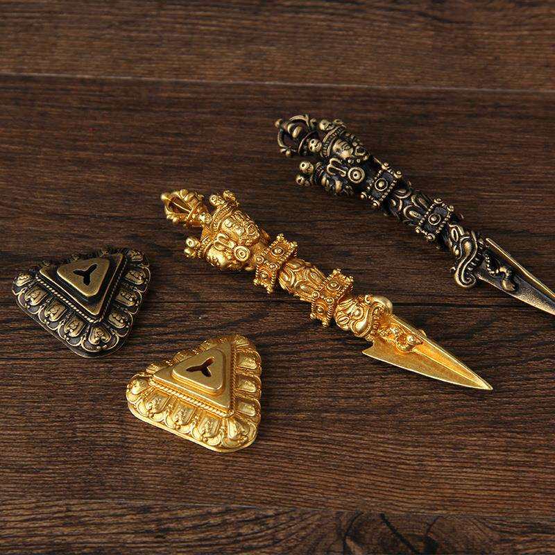 纯铜11cm普巴杵三面金刚杵秽迹金刚杵金刚橛带底座桌面家用摆件