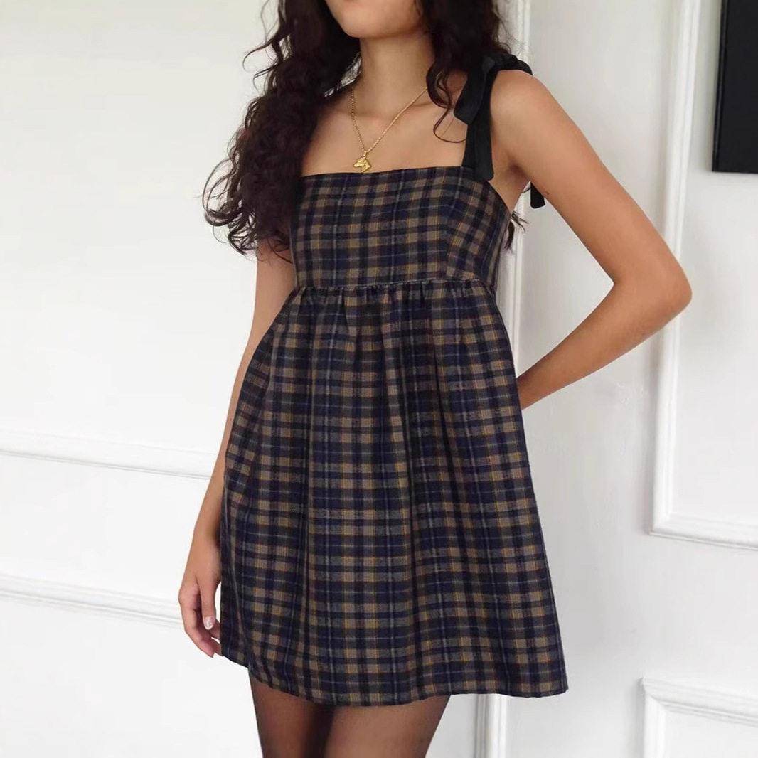 Women Mini Dress Casual Tie up Strap Plaid Print ALine Party图片