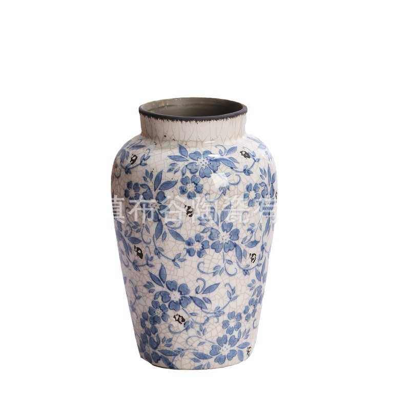 景德镇青花瓷裂纹釉花瓶仿古做旧陶瓷圆罐家居插花水培瓶装饰摆件