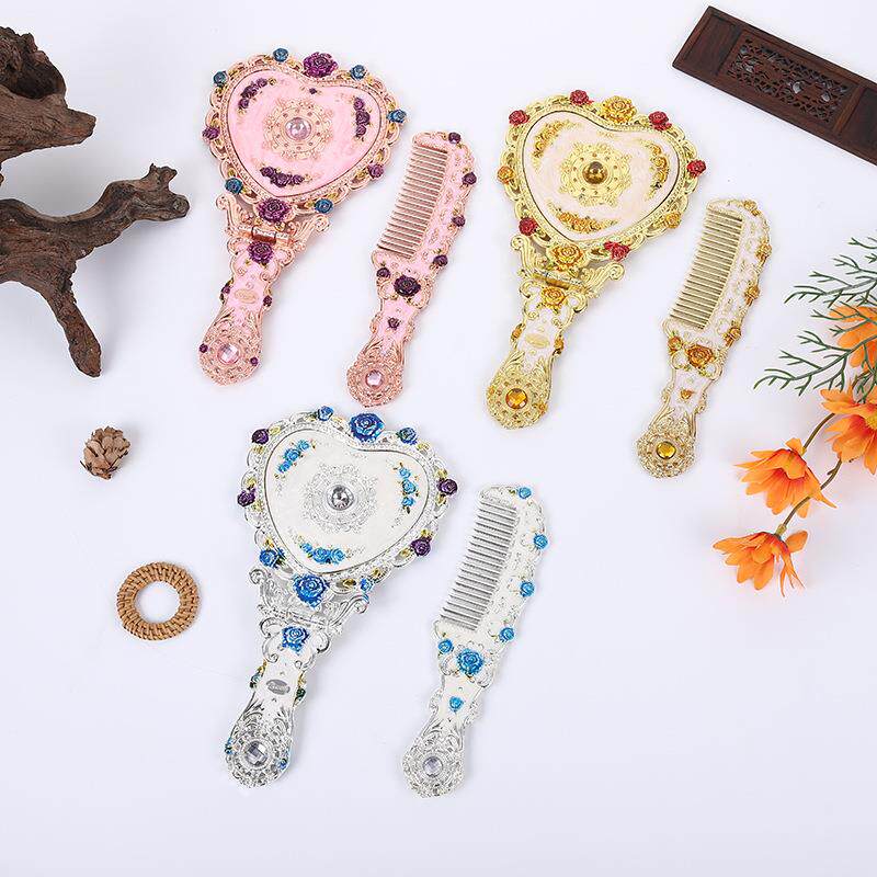 轻奢玫瑰折叠化妆镜复古便携美容手柄折叠台镜梳子套装化装镜