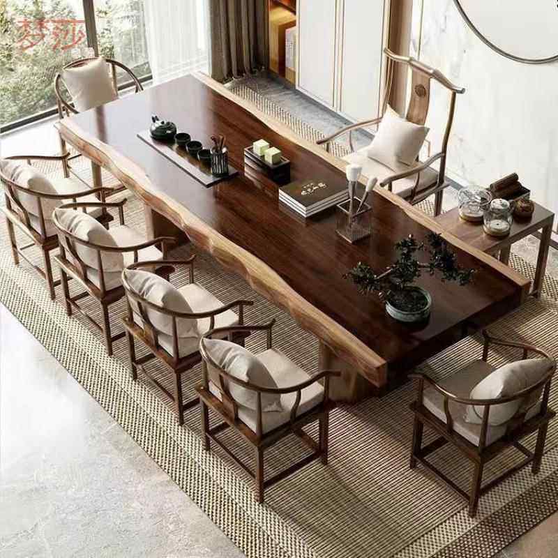 6uD新中式自然边大板实木茶桌全套组合原木不规则茶台办公室泡茶