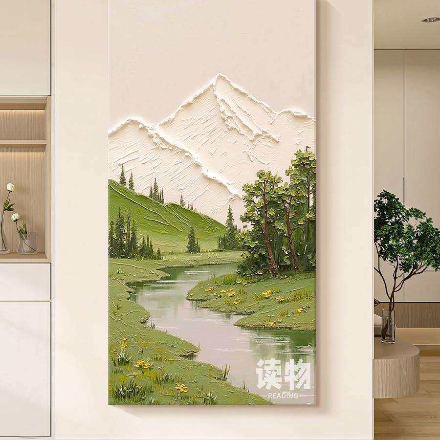 奶油风远F99SH875山近水肌关理手绘油画入户玄装饰画日夏绿野风客