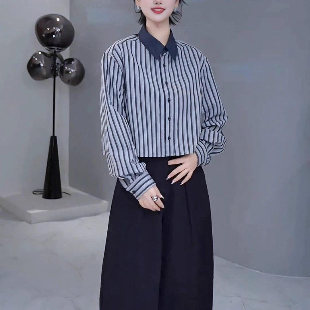 极速2026春秋新款气质蓝色条纹翻领长袖衬衫女时髦宽松短款高级感