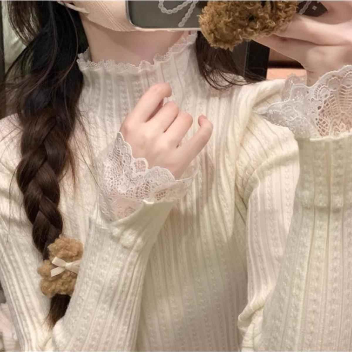 秋冬季蕾丝花边针织衫毛衣女2025新款内搭叠穿高领打底上衣1210n