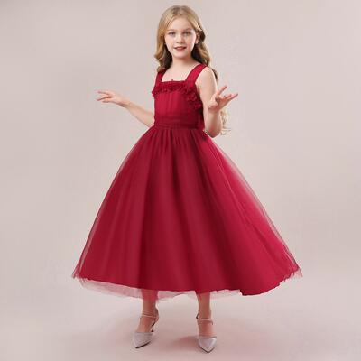 girls appliques contrast mesh ruched party dress sleeveless