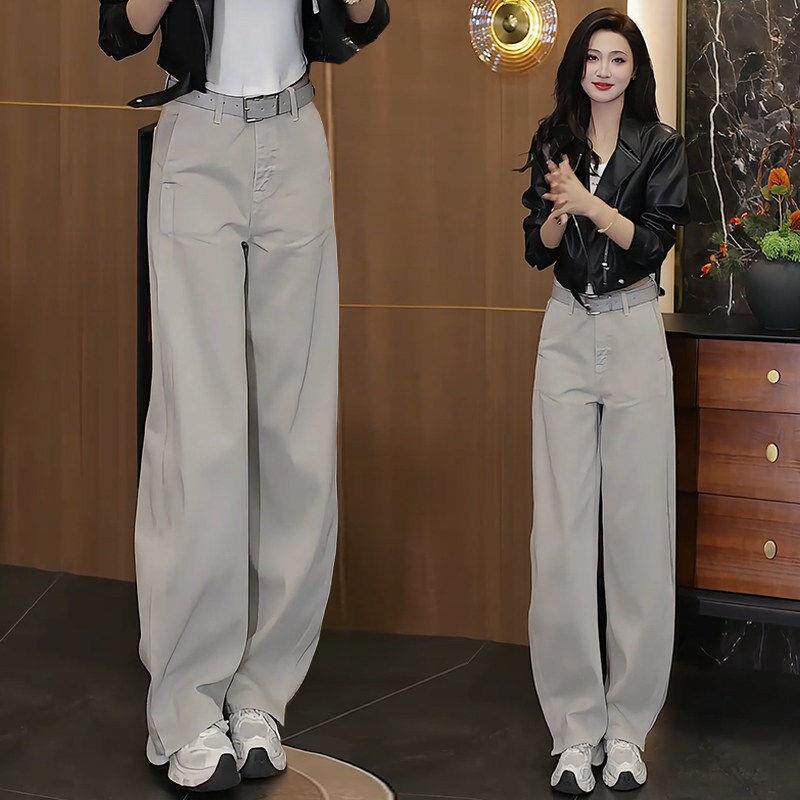 莫兰迪灰弯刀直筒牛仔裤子女春秋季时尚新款高腰宽松阔腿香蕉裤子