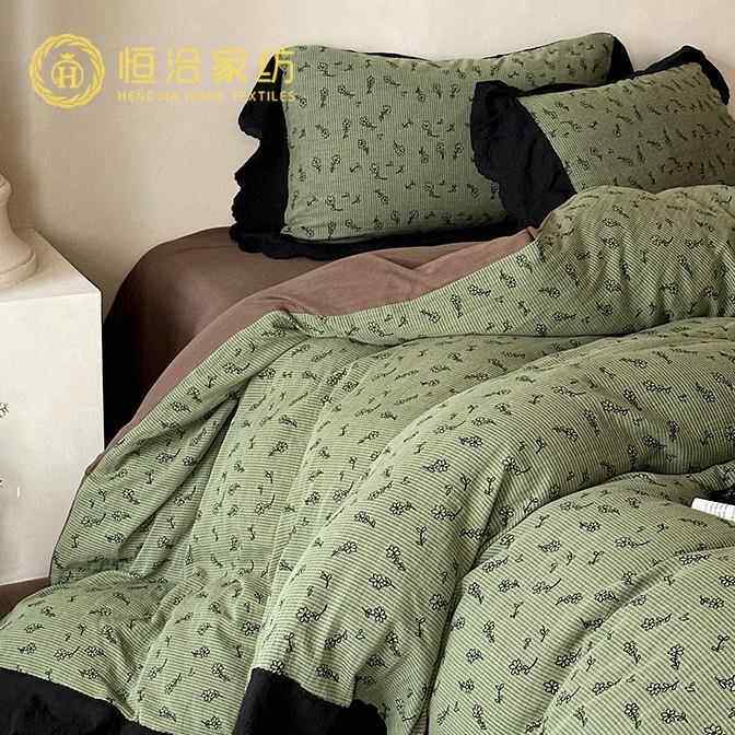 法式复古风全棉双层纱四件套花卉提花韩式荷叶边被套床上用品绿色