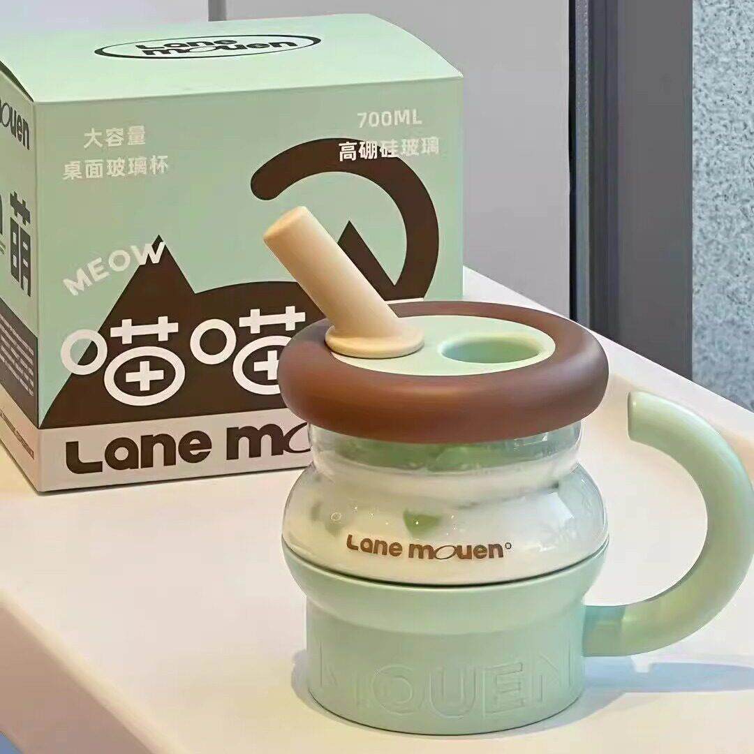 览萌Lane Mouen玻璃吸管杯大容量女高颜值水杯喵喵杯高硼硅泡茶杯