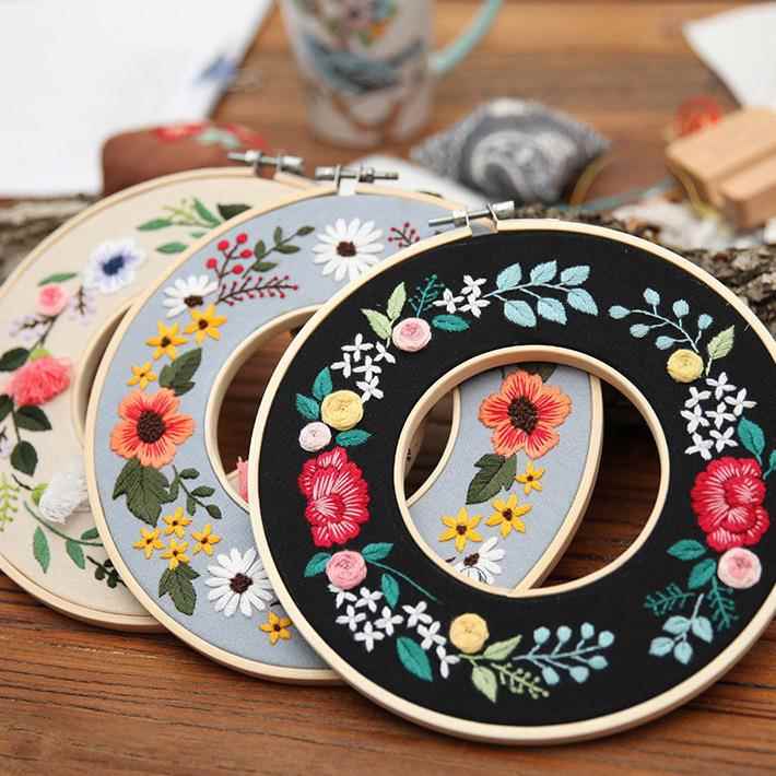 刺绣手工diy材料包初学鲁绣欧式花环布艺立体绣花手作创意挂画