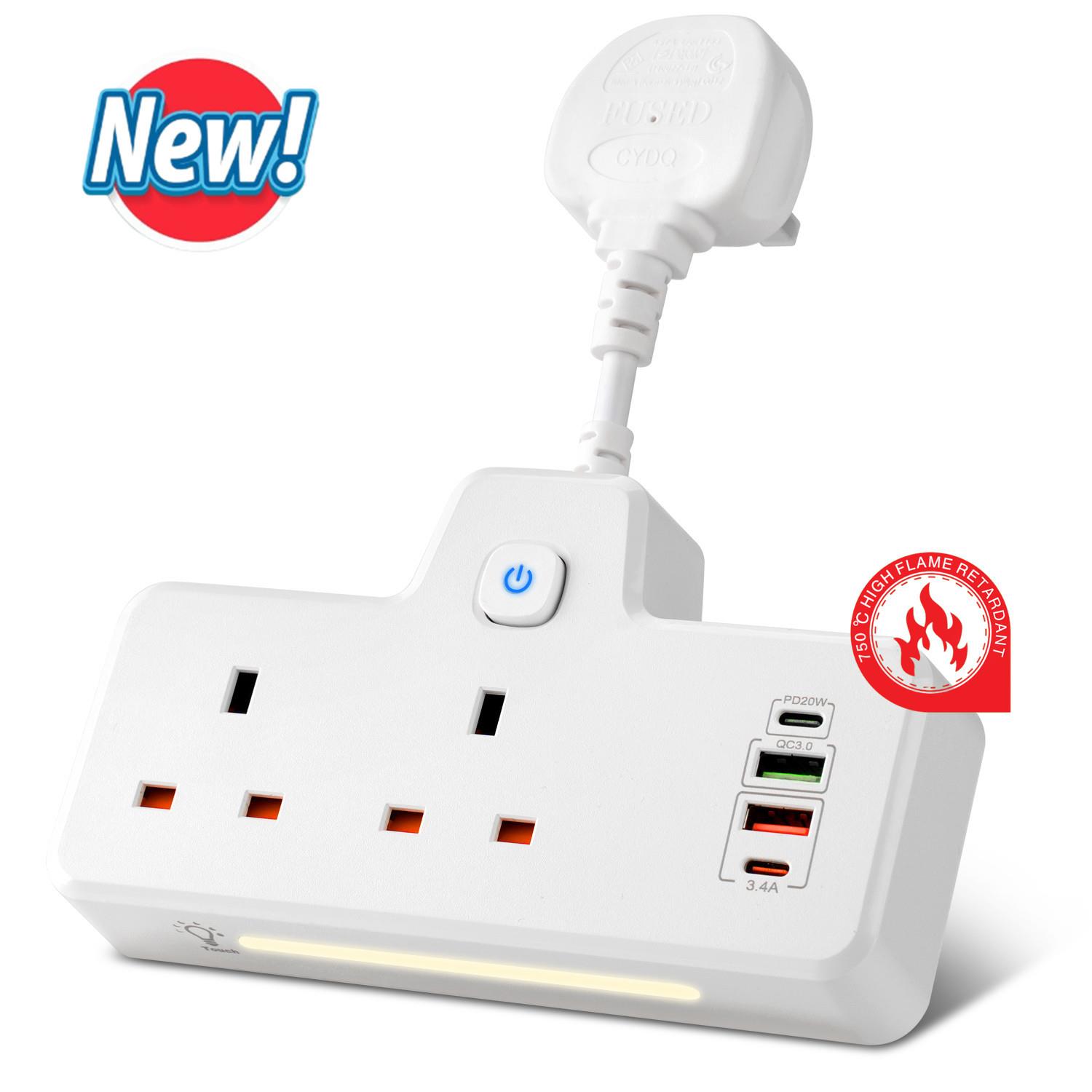 新款英式转换器1转2支持PD20W&QC3.0快速充电三色触摸感应灯排插