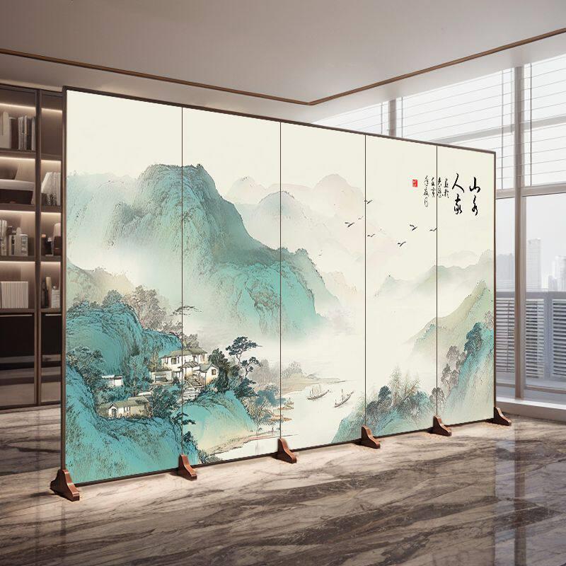中式屏风山水画隔断客厅玄关遮丑可折叠移动书房酒店青山流水生财
