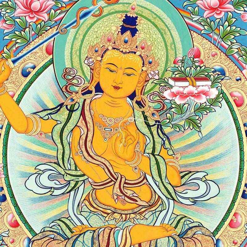 文殊菩萨唐卡画像西藏热贡手绘复制家居佛堂玄关装饰挂画观觉