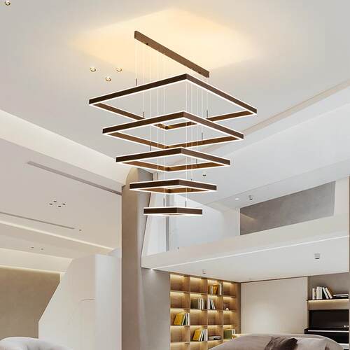 别墅复式楼轻奢客厅大吊灯现代简约大气楼中楼挑空楼梯高亮方形灯