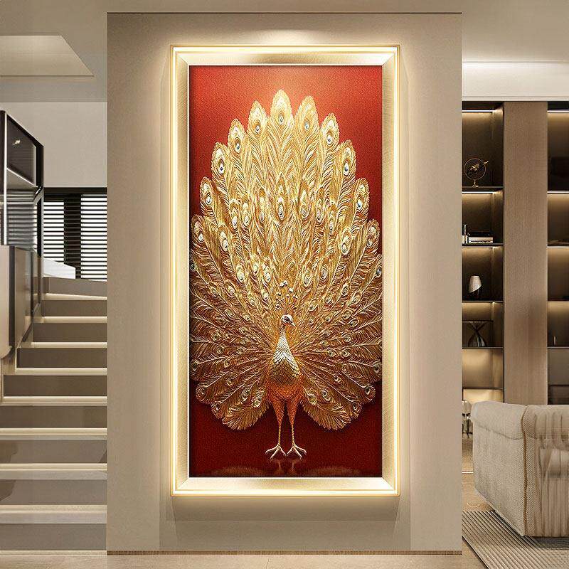 轻奢孔雀开屏玄关装饰画金箔色走廊过道挂画高级感入户门发光壁画