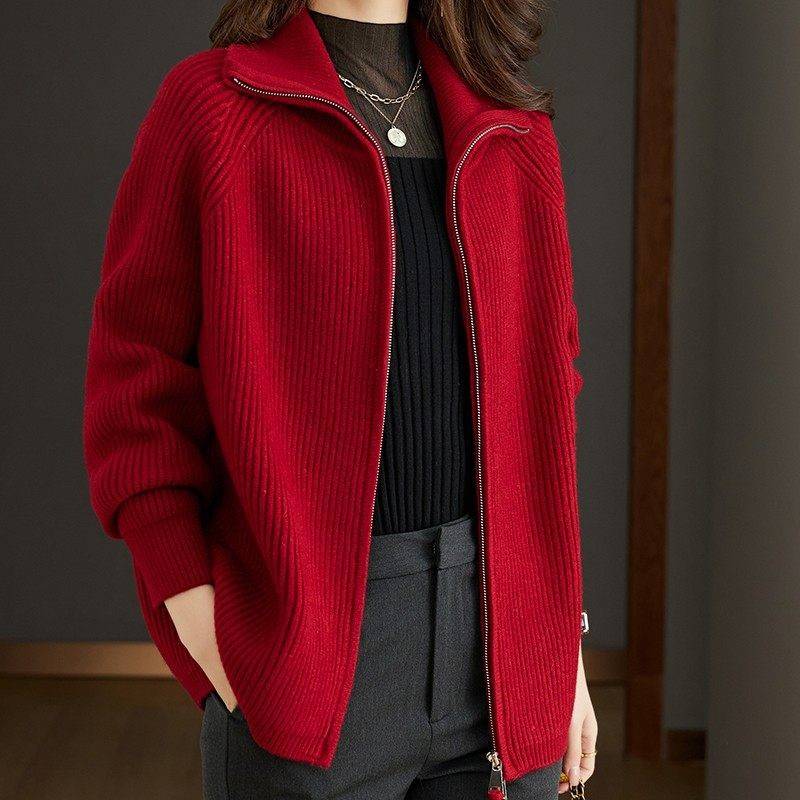 羊毛衫针织衫女开衫拉炼毛衣外套宽松大码女装200斤胖MM加厚秋装