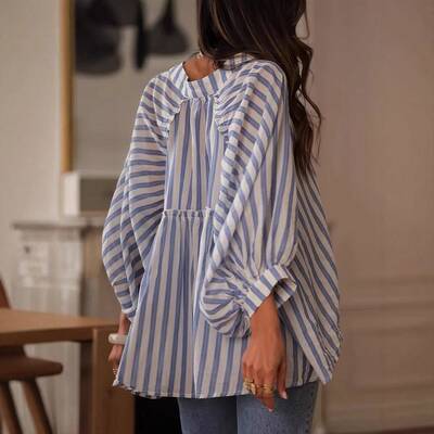 Women Casual Lantern Sleeve Woven Striped Collared Blouse