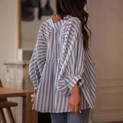 Plus Size Womens Loose Casual Lantern Sleeve Striped Shirt