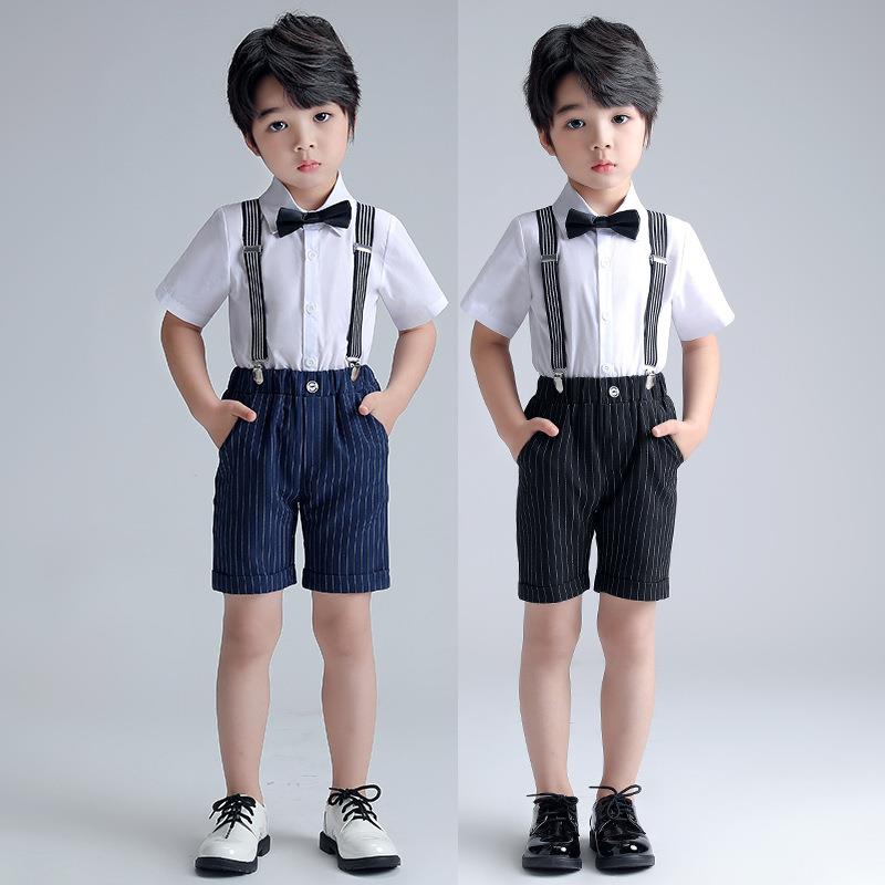 男童礼服夏季新款短袖背带条纹西装短裤套装六一儿童节演出服定制