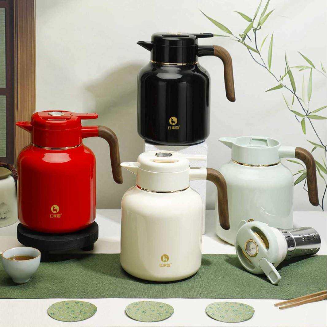 红家园316不锈钢焖茶壶家用办公手柄焖泡壶机械显温带茶仓保温壶