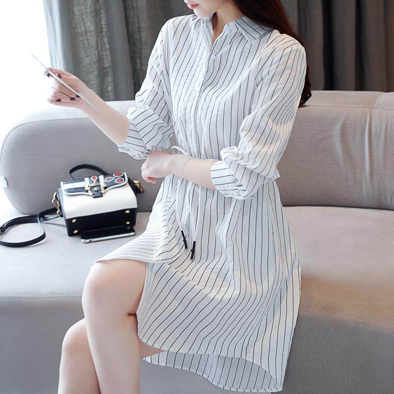 时尚品牌中长条纹衬衫女士秋季新款宽松设计小众温柔风格衬衫连衣