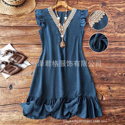 Women's Summer Lightweight Ethnic Style V Neck Lace Flutter