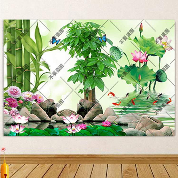 发财树九鱼图九鲤鱼招财客厅装饰画花开富贵风水贴画喜庆年画挂画