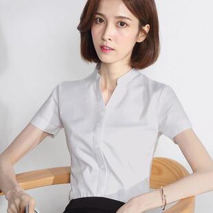 v领白衬衫女士职业正装夏季短袖工作服修身立领衬衫百搭新款4S店