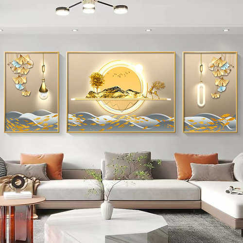 2022新款九鱼图客厅装饰画现代简约沙发背景墙壁画大气三联画挂画